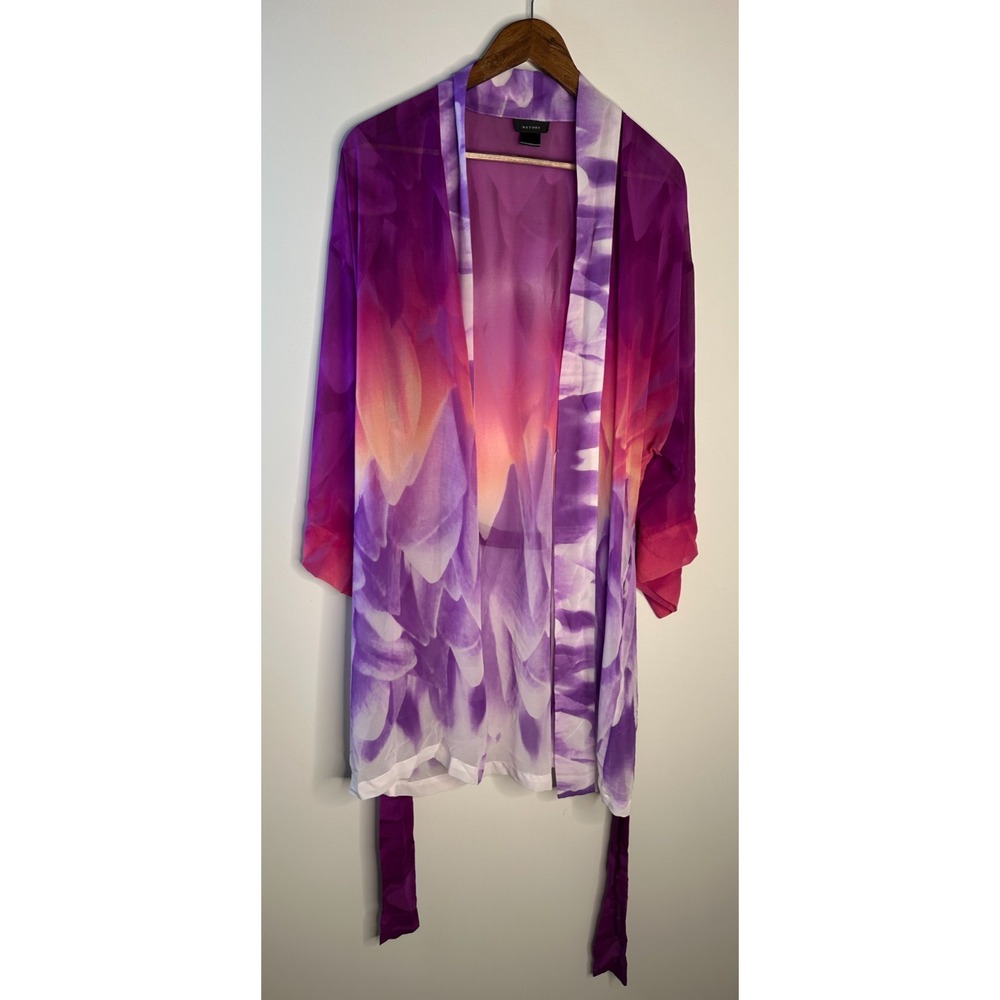 Natori Floral Watercolor Sheer Chiffon Kimono Robe Purple Tie Pockets Medium - Picture 3 of 11